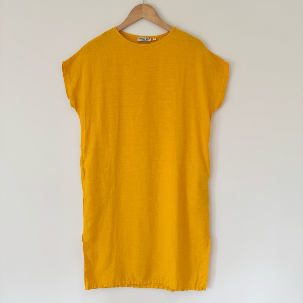 Gravel & Gold Cadence Linen Midi Dress in Orange Yellow Marigold Size XS (0)